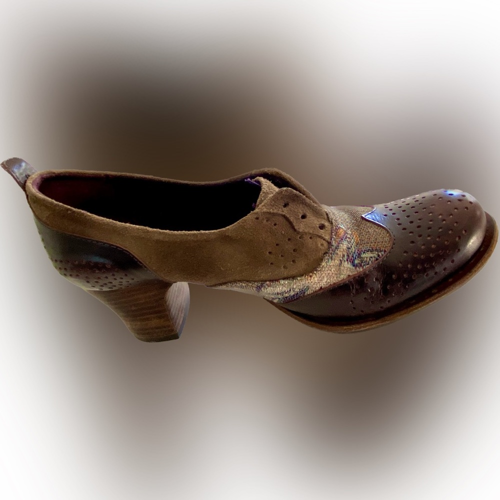 Morenatom mahogany leather, suede with colorful woven fabric shoes